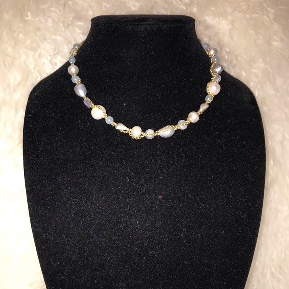 Golden necklace: blue, silver, pearls - Picture 1 of 3